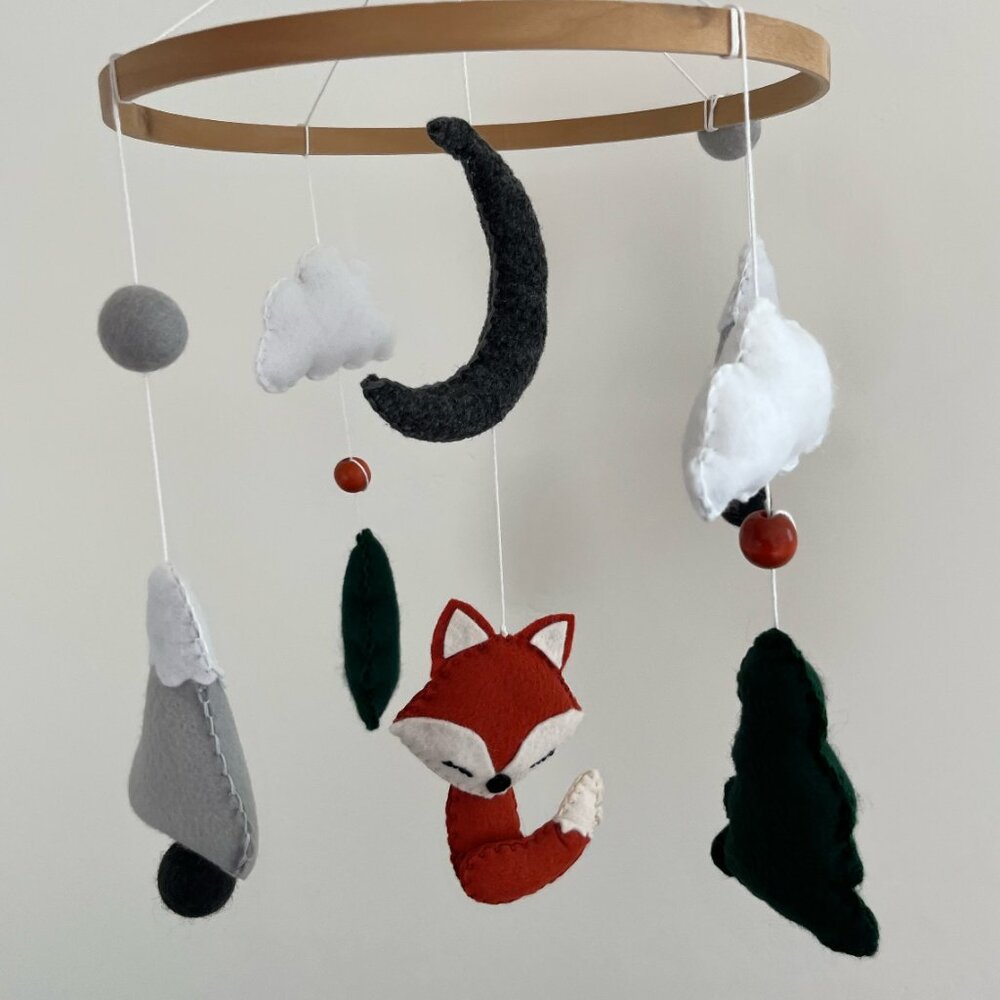 Woodland Handmade Felt Baby Mobile Trees Mountains Moon Clouds Fox
